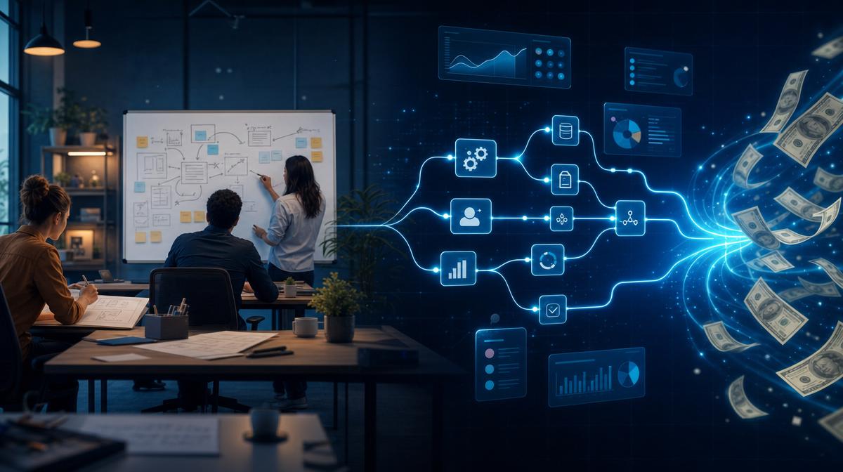 AI Automation for SMBs in 2026 — small business team focused on creative work while automation flows channel repetitive payroll work into AI agents
